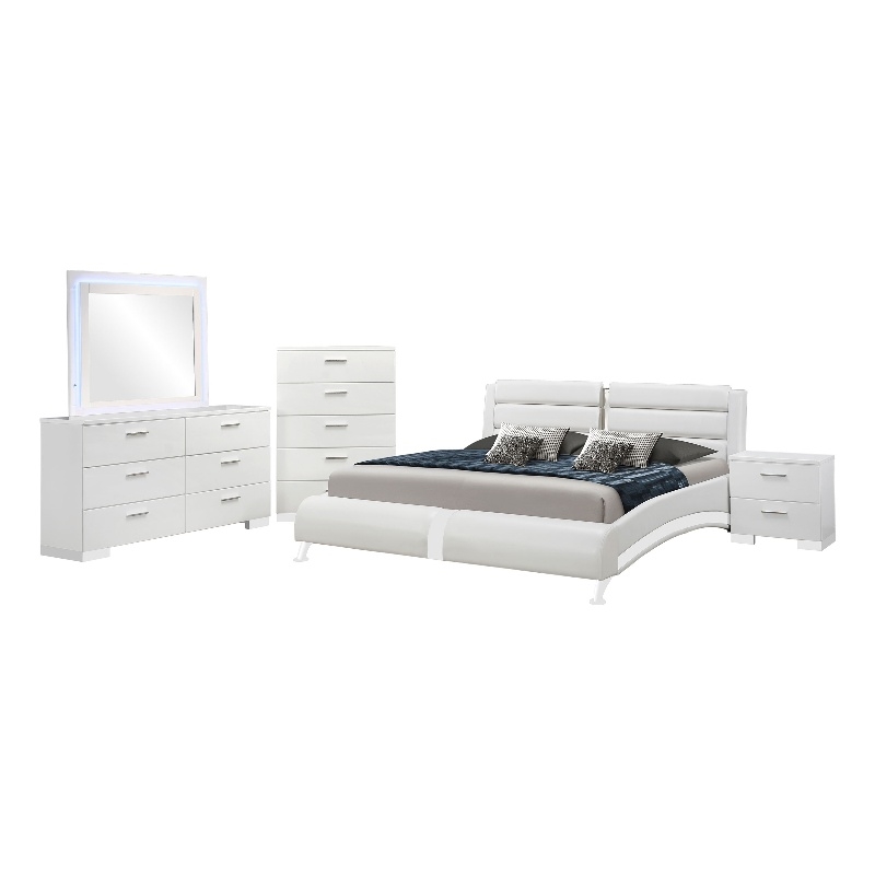 Benjara Zor 5pc King Size Bedroom Set- White Faux Leather and LED Mirror