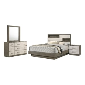 Benjara Fene 4pc Queen Bedroom Set- Gray- Brown- Built In Headboard Bookcase