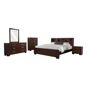 Benjara Bela 5 Piece Queen Bedroom Set- Bookcase Headboard- Dark Brown Wood