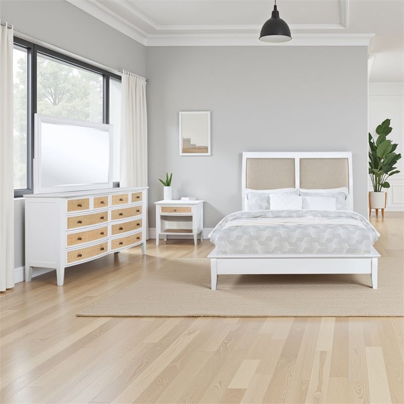 Benjara Heo 4pc Queen Bedroom Set- Rattan Woven Drawer- Brown Fabric- White