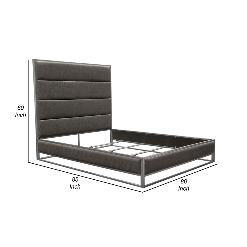 Benjara Chek King Size Bed- Gray Faux Leather Upholstery w Silver Metal Frame