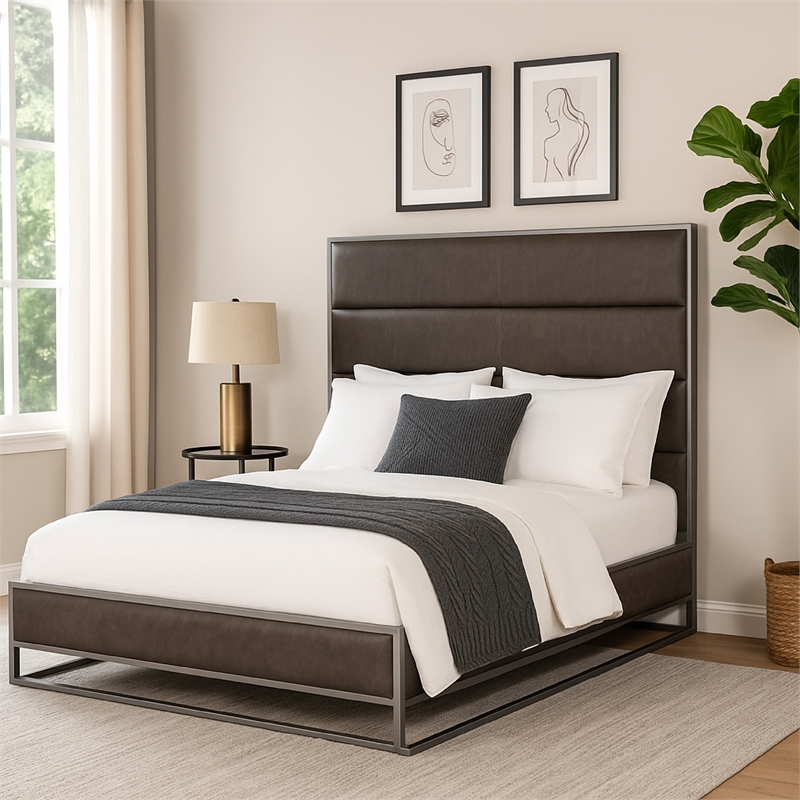 Benjara Chek King Size Bed- Gray Faux Leather Upholstery w Silver Metal Frame
