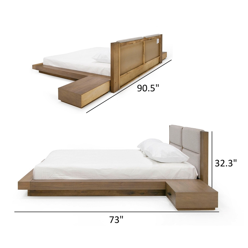 Benjara Noe Col Queen Platform Bed-Upholstered-2 NightStands-Walnut Brown-Gray