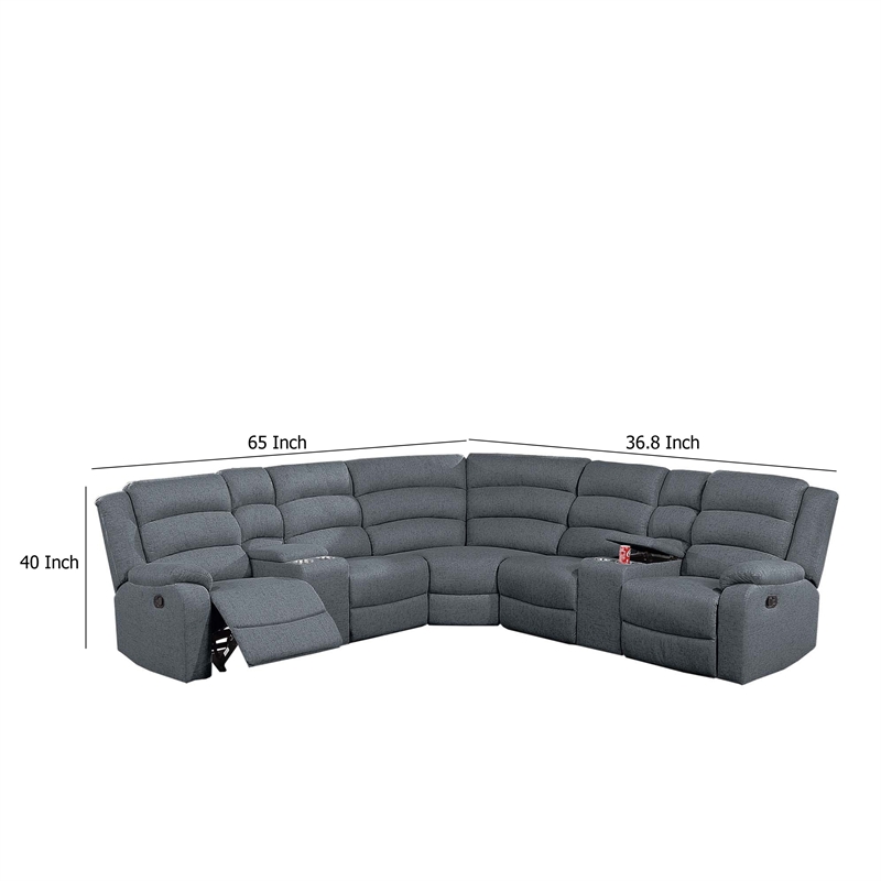Benjara Rexy L Shape Sofa- 3pc Manual Reclining Sectional- Dark Gray Burlap