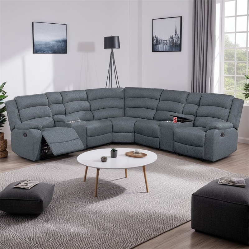 Benjara Rexy L Shape Sofa- 3pc Manual Reclining Sectional- Dark Gray Burlap