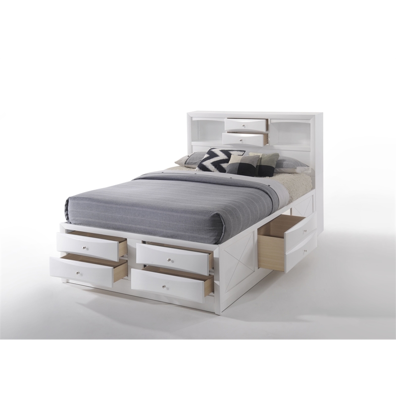 Benjara 8 Drawer Eastern King Bed with Bookcase Headboard and Round Knobs- White