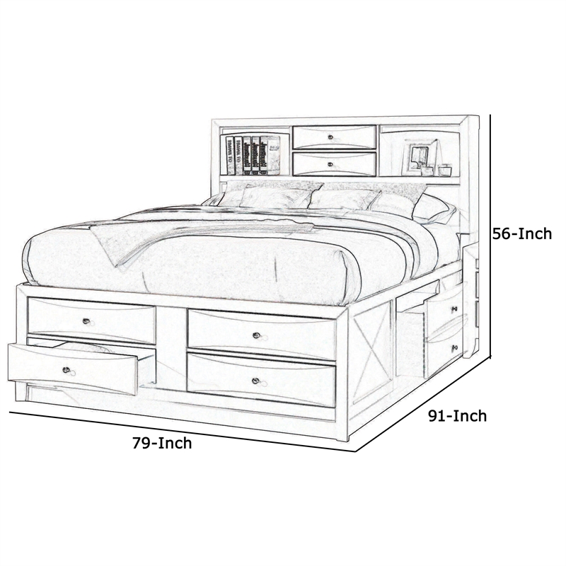 Benjara 8 Drawer Eastern King Bed with Bookcase Headboard and Round Knobs- White