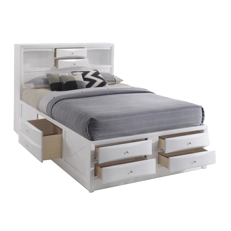 Benjara 8 Drawer Eastern King Bed with Bookcase Headboard and Round Knobs- White