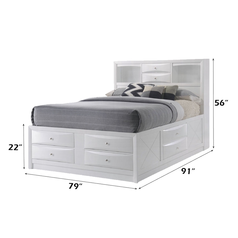 Benjara 8 Drawer Eastern King Bed with Bookcase Headboard and Round Knobs- White
