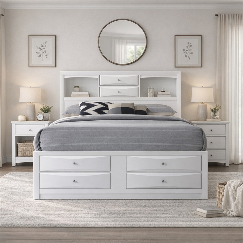 Benjara 8 Drawer Eastern King Bed with Bookcase Headboard and Round Knobs- White