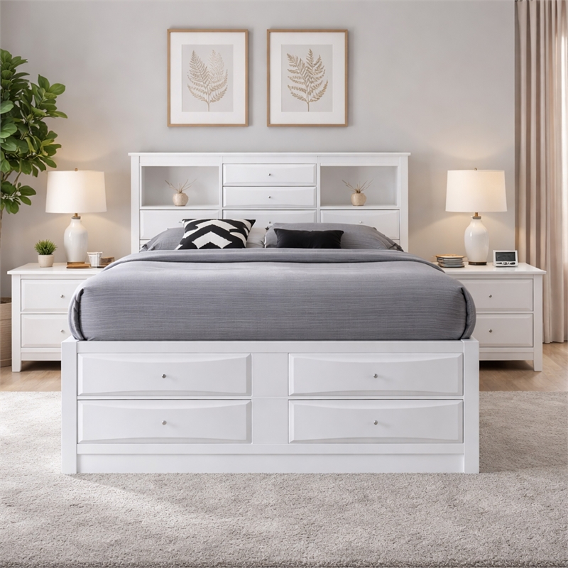 Benjara 8 Drawer Eastern King Bed with Bookcase Headboard and Round Knobs- White