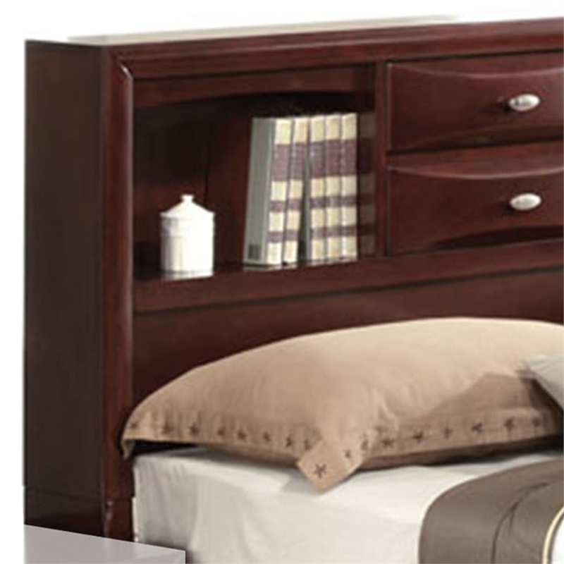 Benjara Panel Design Eastern King Size Bed with Bookcase and Drawers- Brown