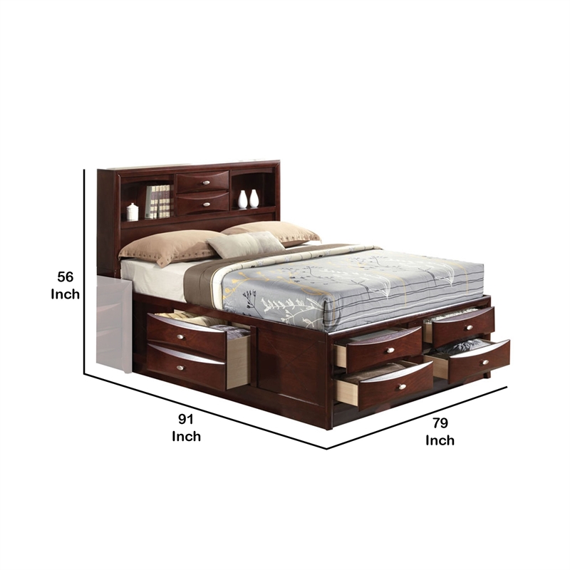 Benjara Panel Design Eastern King Size Bed with Bookcase and Drawers- Brown