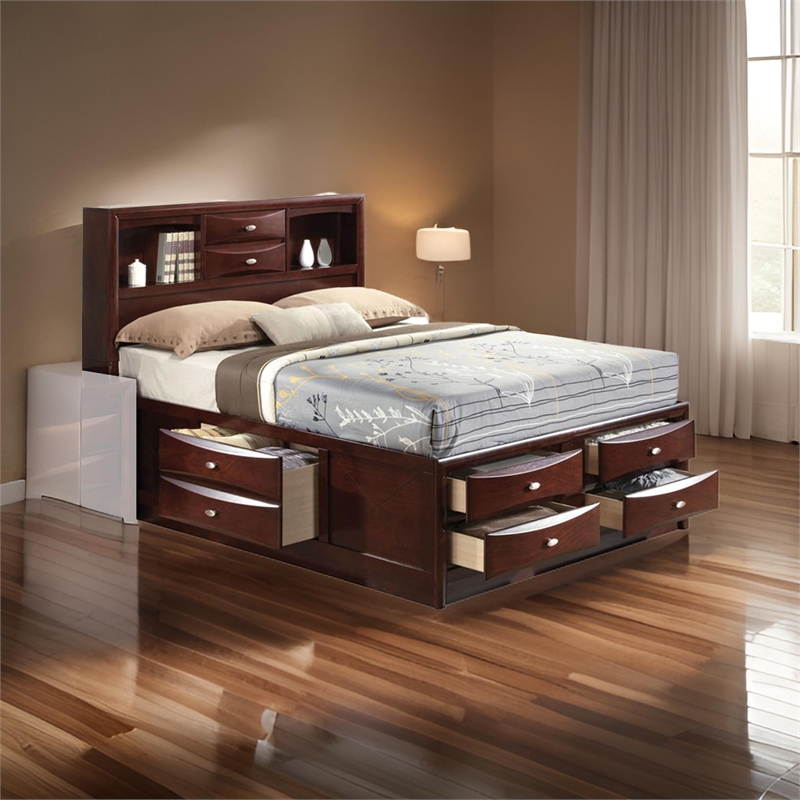 Benjara Panel Design Eastern King Size Bed with Bookcase and Drawers- Brown