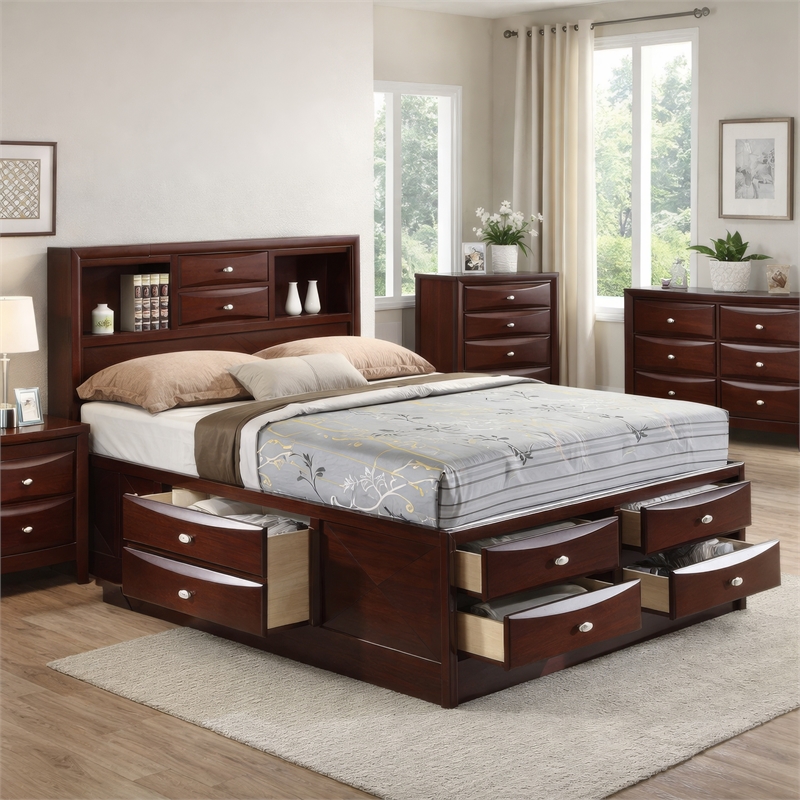 Benjara Panel Design Eastern King Size Bed with Bookcase and Drawers- Brown