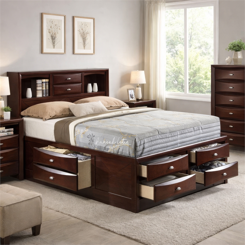 Benjara Panel Design Eastern King Size Bed with Bookcase and Drawers- Brown