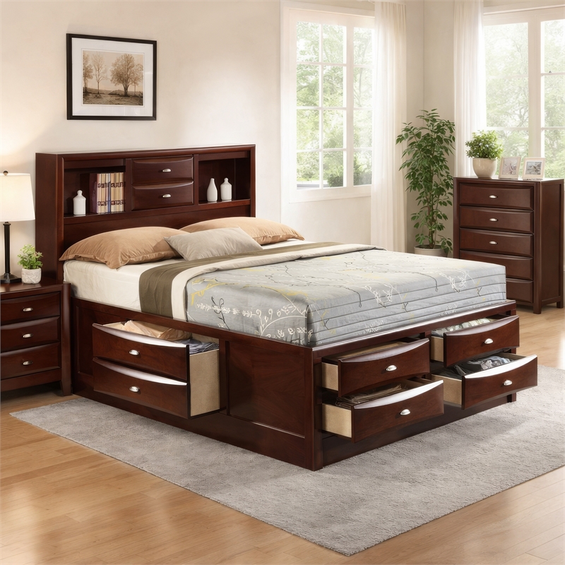 Benjara Panel Design Eastern King Size Bed with Bookcase and Drawers- Brown