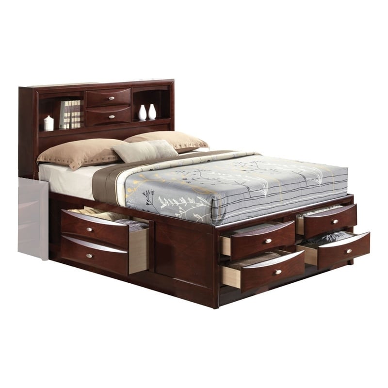 Benjara Panel Design Eastern King Size Bed with Bookcase and Drawers- Brown
