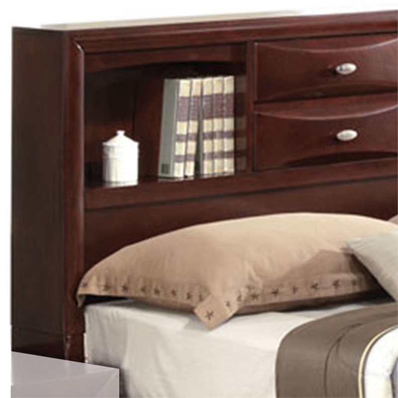 Benjara Panel Design Queen Size Bed with Bookcase and Drawers- Brown