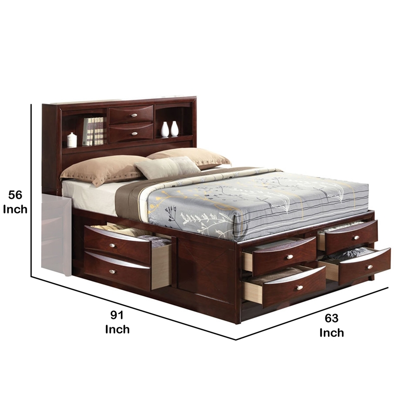 Benjara Panel Design Queen Size Bed with Bookcase and Drawers- Brown