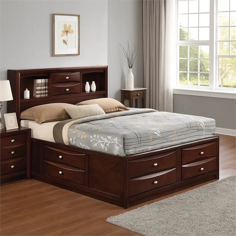 Benjara Panel Design Queen Size Bed with Bookcase and Drawers- Brown
