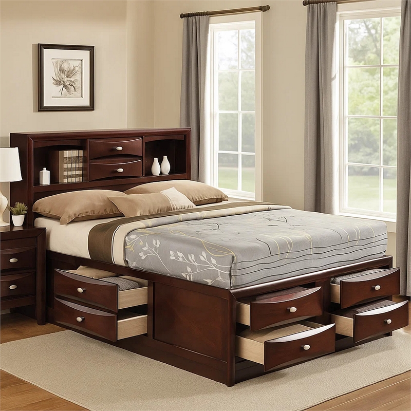 Benjara Panel Design Queen Size Bed with Bookcase and Drawers- Brown