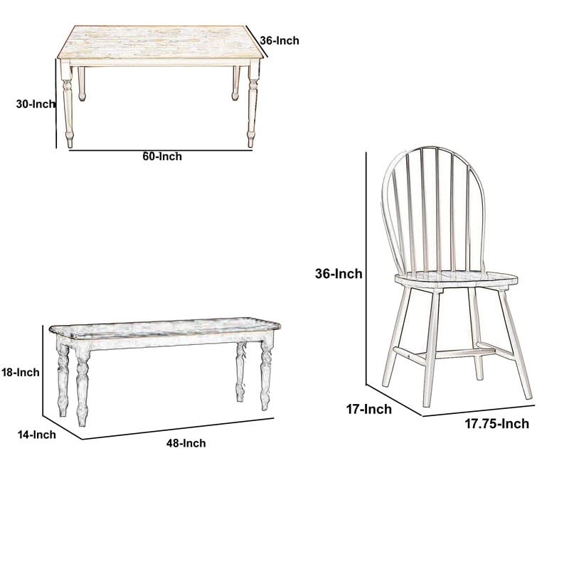 Benjara 6 Piece Farmhouse Wooden Dining Set- White and Brown