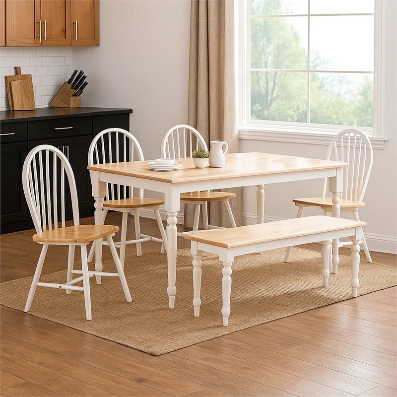 Benjara 6 Piece Farmhouse Wooden Dining Set- White and Brown
