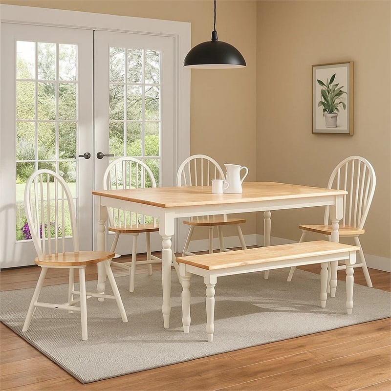 Benjara 6 Piece Farmhouse Wooden Dining Set- White and Brown