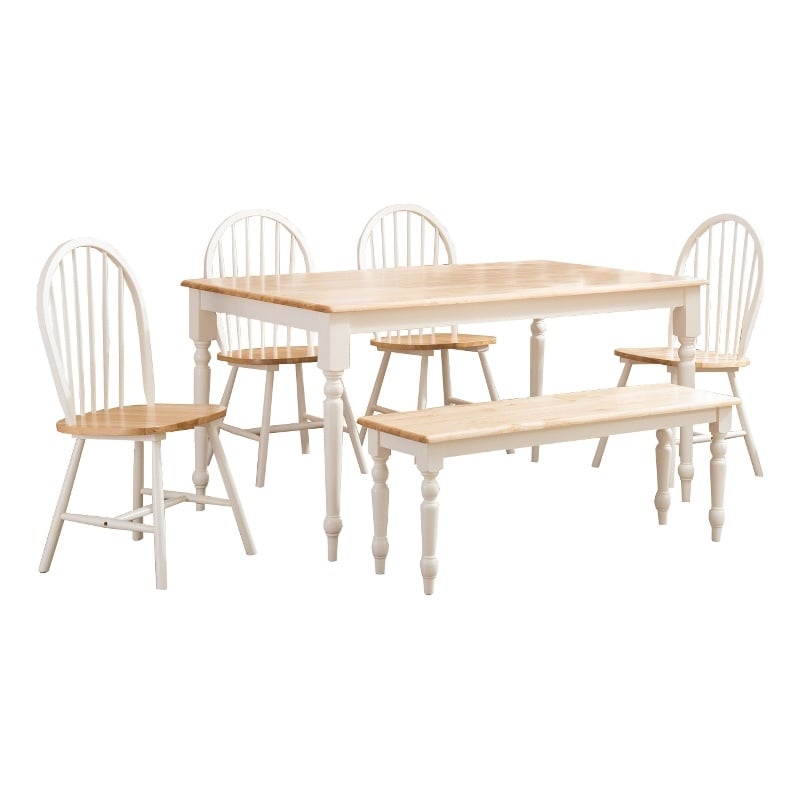 Benjara 6 Piece Farmhouse Wooden Dining Set- White and Brown