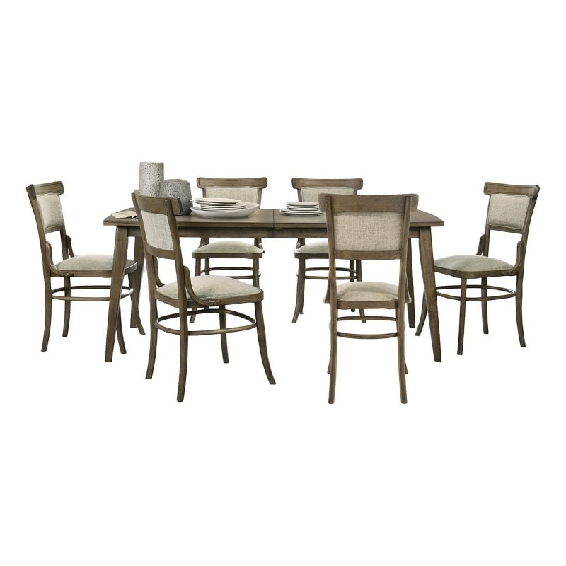 Benjara 7 PC Wood Dining Table Set- Rectangular Top- Padded Chairs- Brown Beige