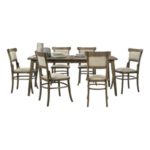 Benjara 7 PC Wood Dining Table Set- Rectangular Top- Padded Chairs- Brown Beige