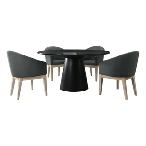 Benjara 5 Piece Round Dining Table Set- Padded Curved Armchairs- Gray and Beige