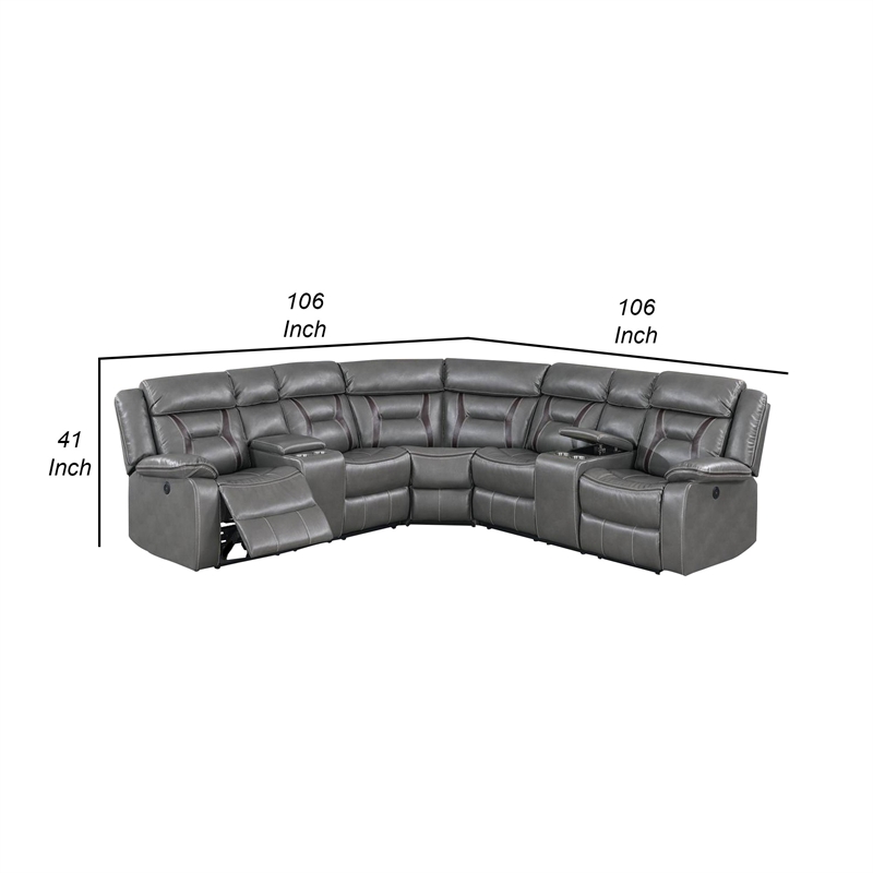 Benjara Lof Power Reclining Sectional Sofa Set- USB Port- Gray Gel Faux Leather