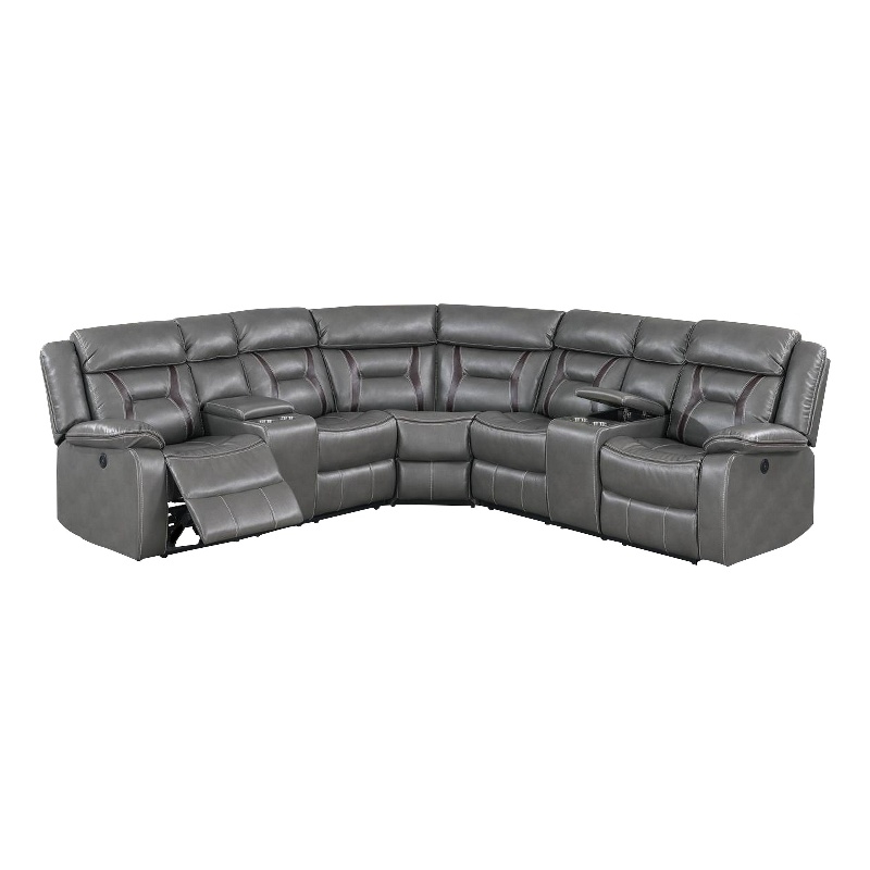 Benjara Lof Power Reclining Sectional Sofa Set- USB Port- Gray Gel Faux Leather