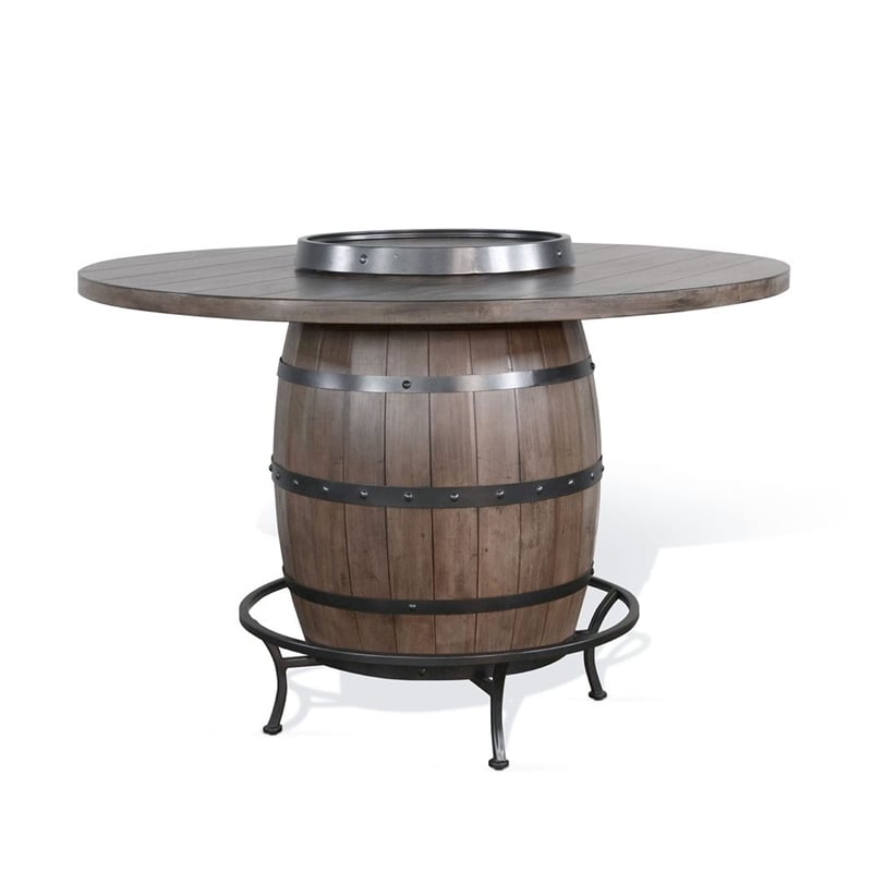 Benjara Yael Counter Height Pub Bar Table-Wine Barrel Base-Lazy Susan Top-Brown