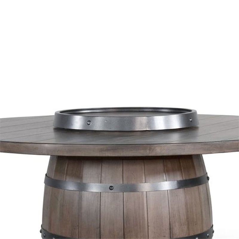 Benjara Yael Counter Height Pub Bar Table-Wine Barrel Base-Lazy Susan Top-Brown