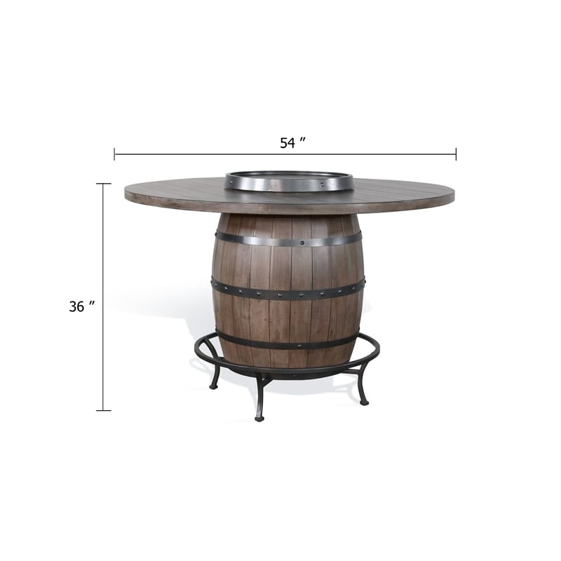 Benjara Yael Counter Height Pub Bar Table-Wine Barrel Base-Lazy Susan Top-Brown