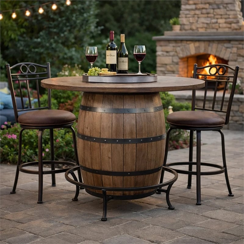 Benjara Yael Counter Height Pub Bar Table-Wine Barrel Base-Lazy Susan Top-Brown