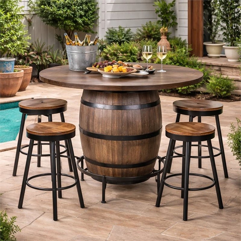 Benjara Yael Counter Height Pub Bar Table-Wine Barrel Base-Lazy Susan Top-Brown
