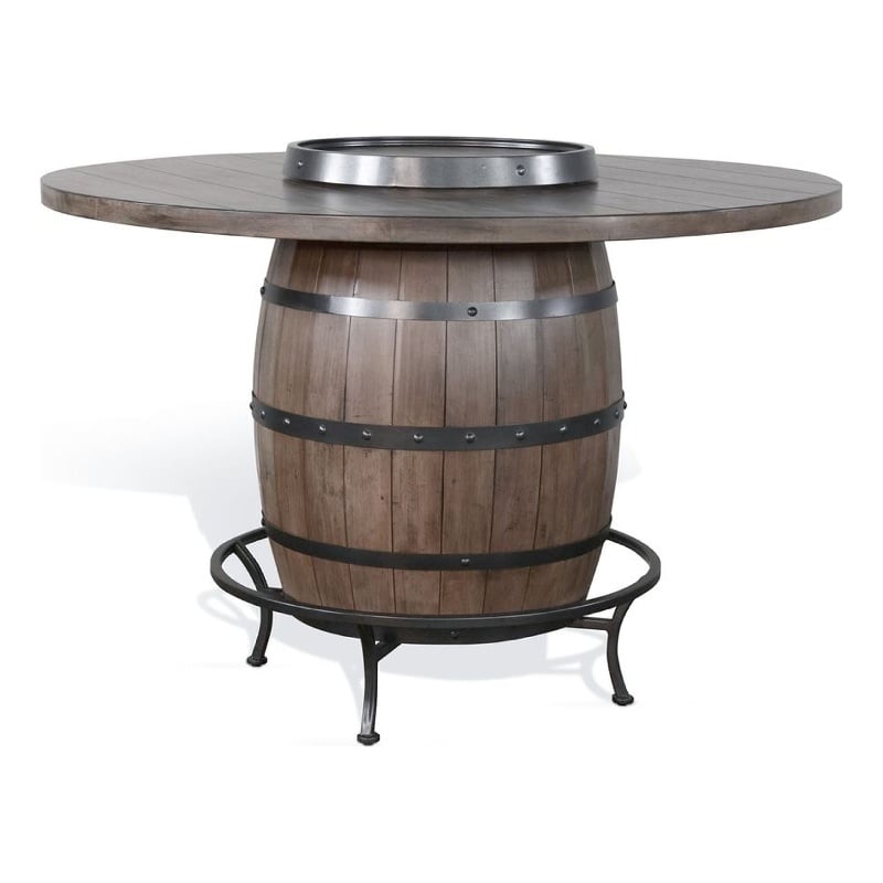Benjara Yael Counter Height Pub Bar Table-Wine Barrel Base-Lazy Susan Top-Brown