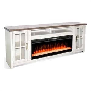 Benjara 76&quot TV Media Console w Crystal Fireplace Insert Option - White