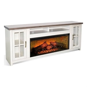 Benjara 76&quot TV Media Console w Log Fireplace Insert Option - White