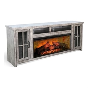 Benjara 76&quot TV Console w Log Fireplace Insert Option-Gray Brown Mahogany