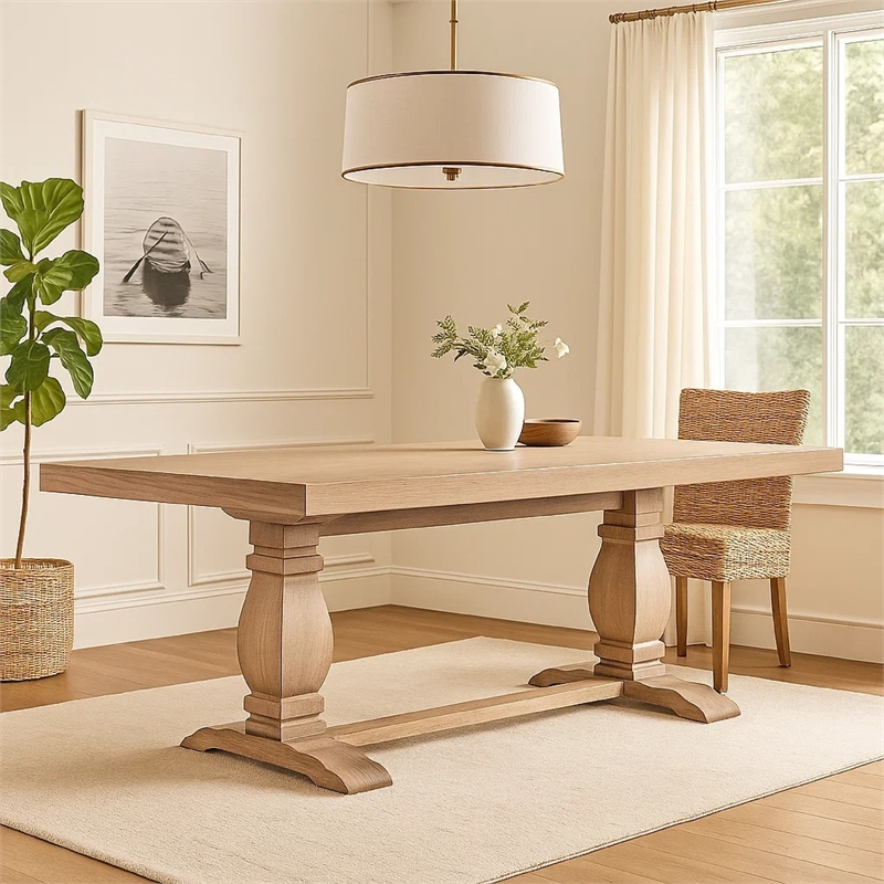 Benjara Anna Dining Table- Carved Legs- Natural Wheat Wood- 84