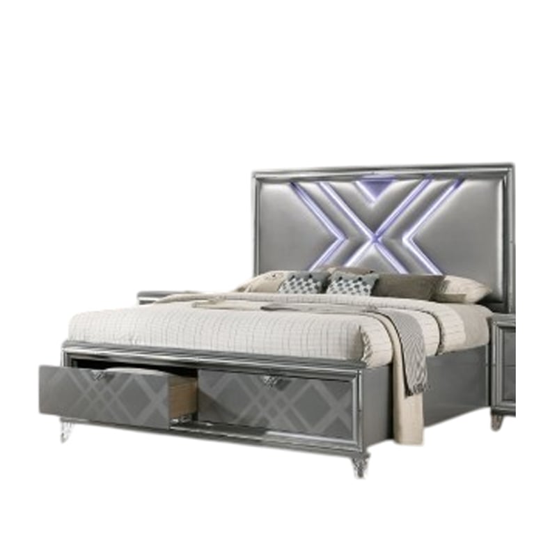 Benjara Lin Queen Size Bed w LED- Footboard Storage Drawers- Silver Upholstery
