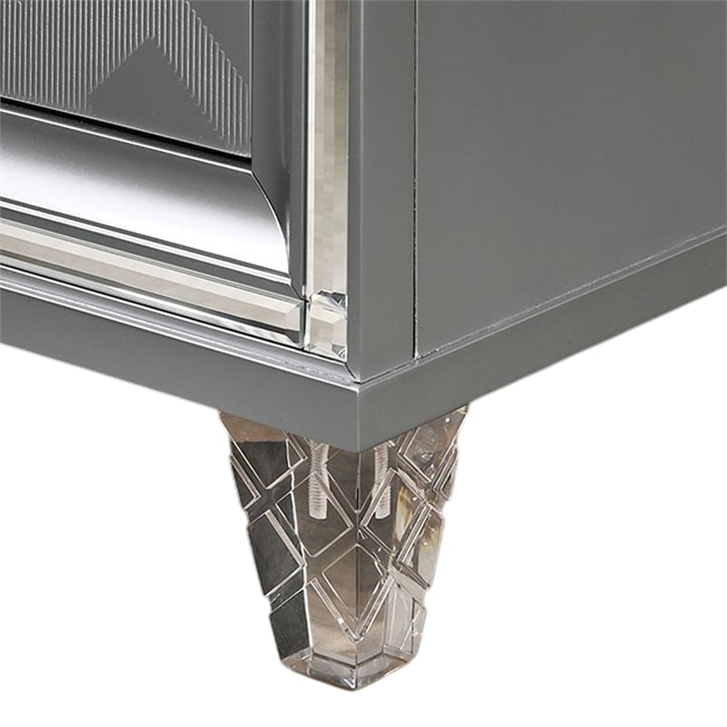 Benjara Lin Queen Size Bed w LED- Footboard Storage Drawers- Silver Upholstery