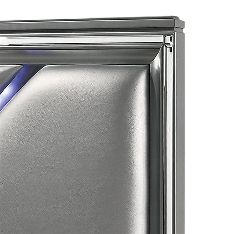 Benjara Lin Queen Size Bed w LED- Footboard Storage Drawers- Silver Upholstery