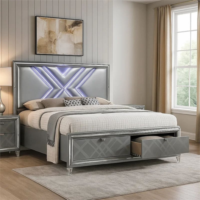 Benjara Lin Queen Size Bed w LED- Footboard Storage Drawers- Silver Upholstery