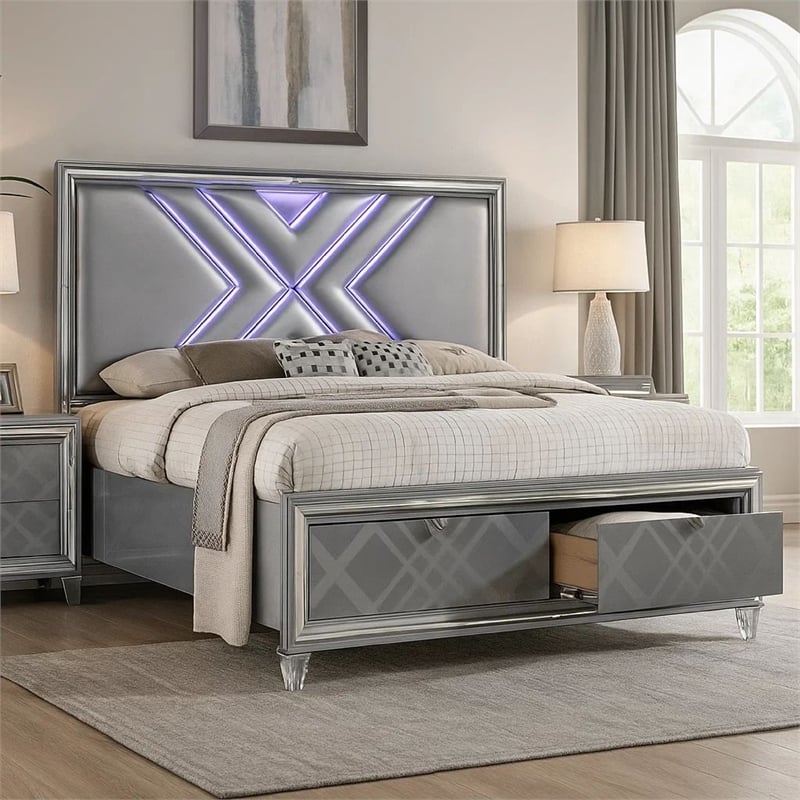 Benjara Lin Queen Size Bed w LED- Footboard Storage Drawers- Silver Upholstery